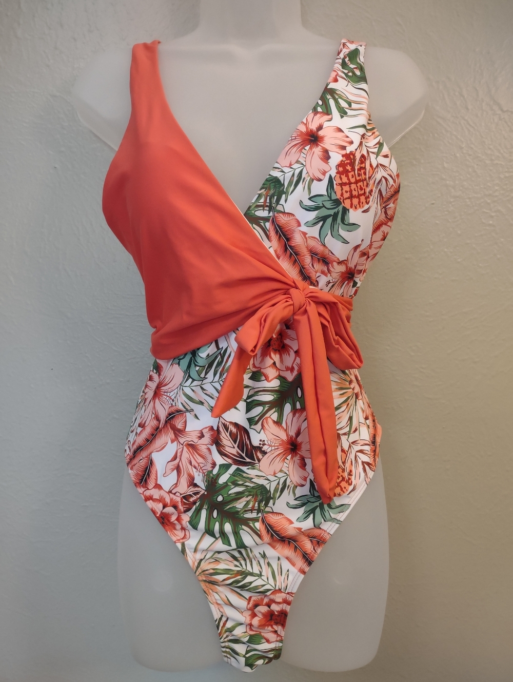 Floral Tropical One-Piece Wrap Front Swimsuit – Orange & Pineapple Print Large - Picture 2 of 10